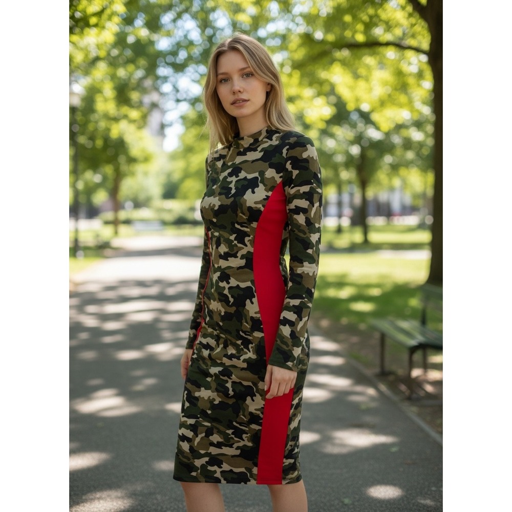 Heart & Hips Womens Camo Red Side Stripe Bodycon Mock Neck Midi Dress Medium